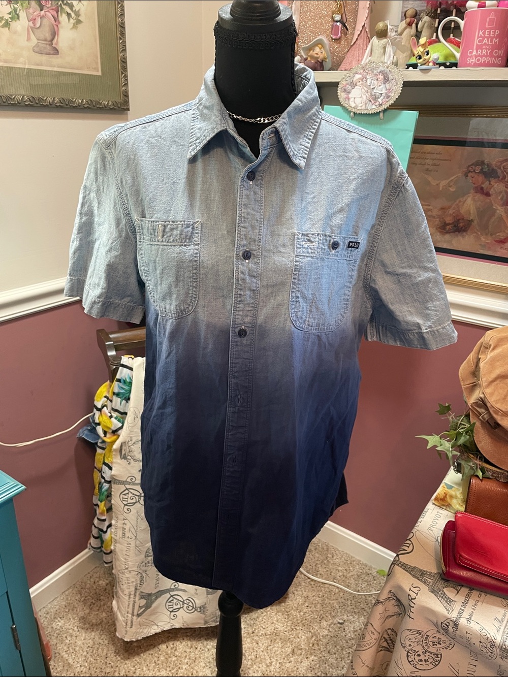 Boys Ombre Polo Short-Sleeve Button-Up Shirt - Light to Dark Blue Ralph Lauren